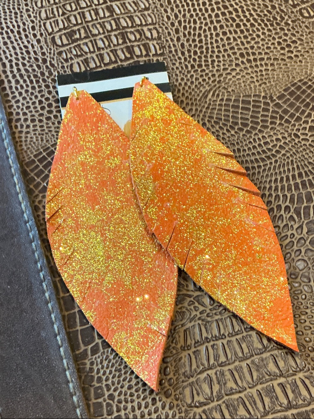 Orange Glitter Leaf Drop Earrings